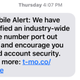 Screenshot from a text alert that T-Mobile sent its customers